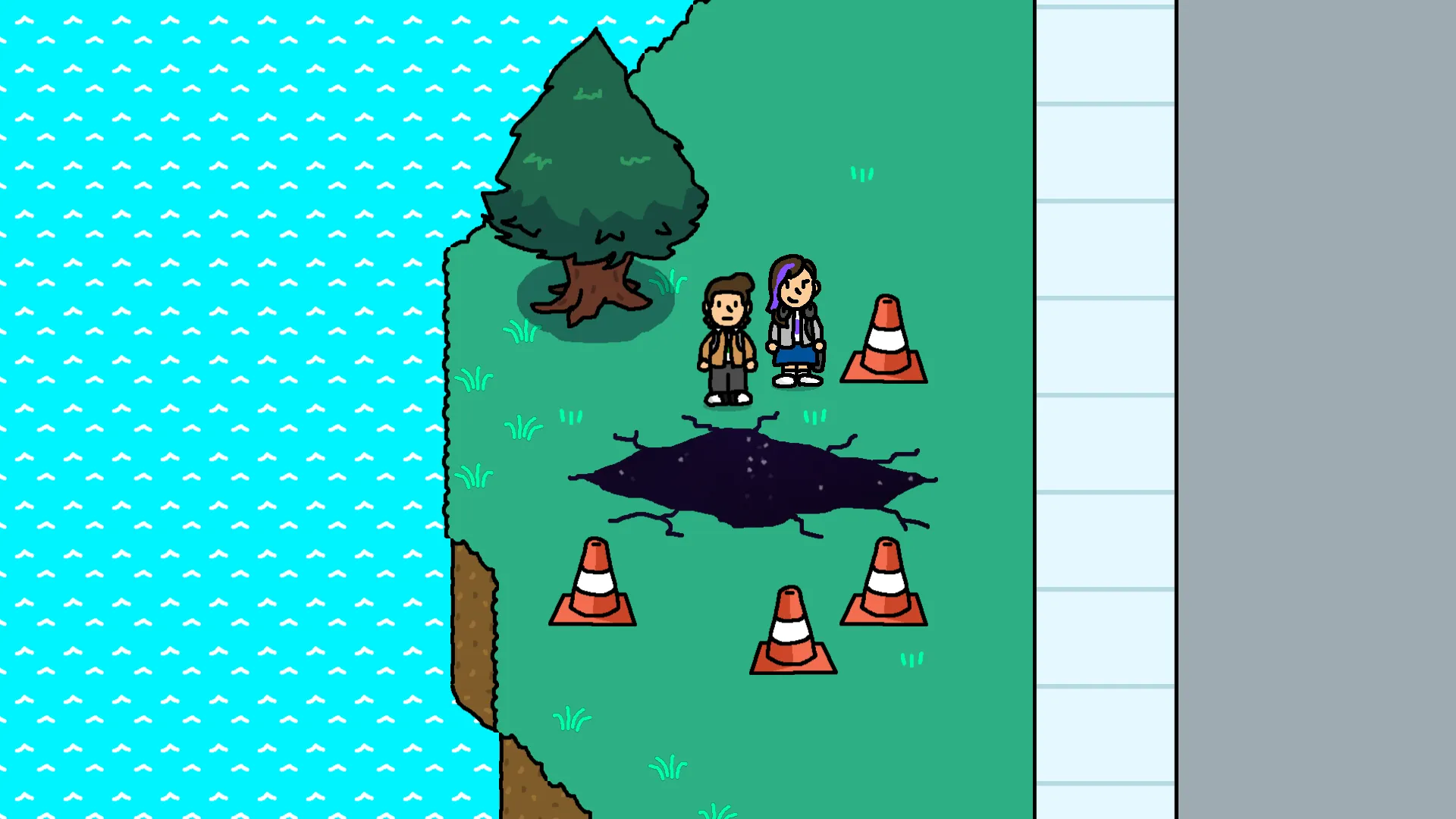 James and Ella looking at a portal.